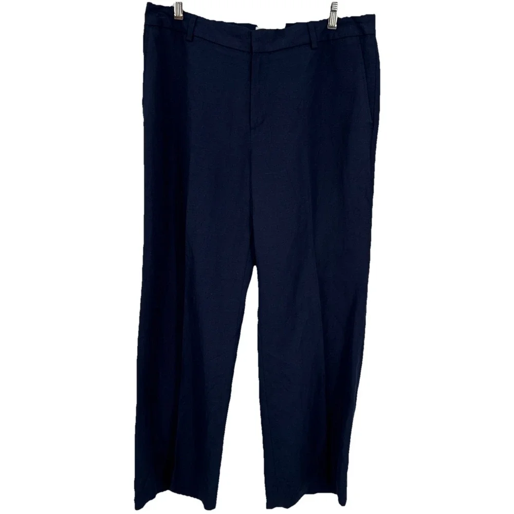 Banana Republic Wide Leg Linen Blend W Sz 12 Blue Flat Front Dress Pants NEW